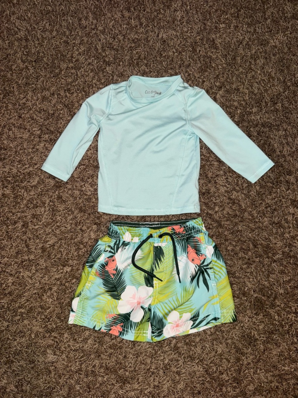 Carter's Light Blue Long-Sleeve Rashguard with Tropical Swim Shorts